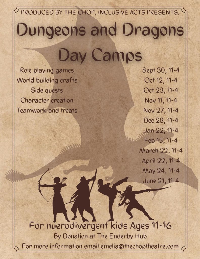 Dungeons and Dragons Day Camps poster with a dragon and four adventurers. Activities, dates and contact details are provided in the page text.